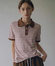 A3481 ストライプピケTシャツ_Ivory/Brown