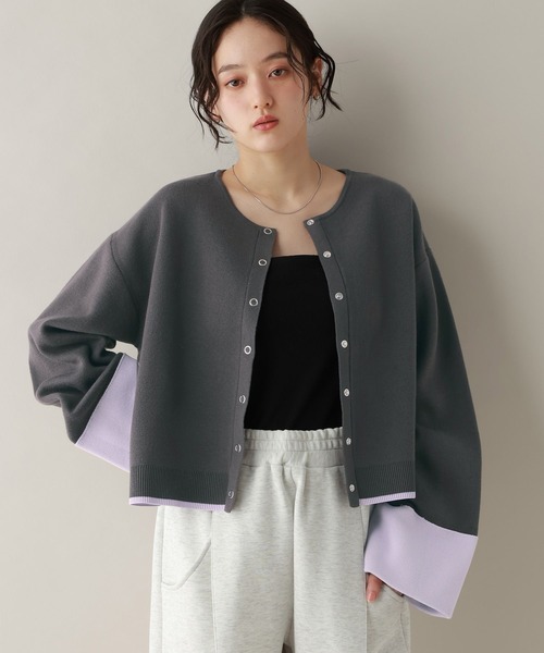RAGEBLUE（レイジブルー）の「ロールアップデザイン/バイカラーニットカーディガン（カーディガン/ボレロ・レディース・ネイビー/ダークグレー/ライトグレー/ライトピンク・FREE）」の3枚目の写真