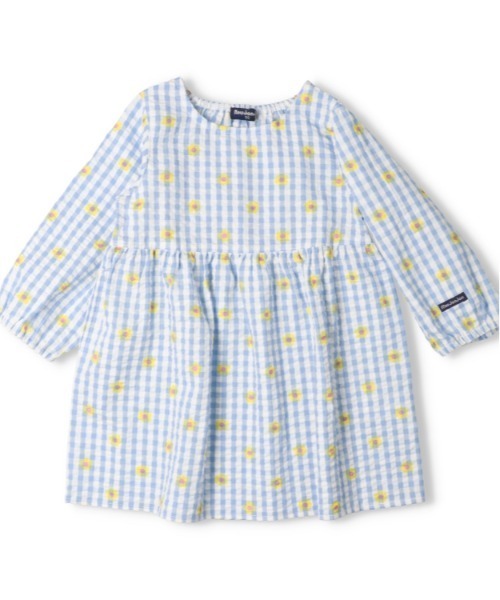 Moujonjon（ムージョンジョン）の「いちご・小花柄ギンガムチェック柄長袖ワンピース（ワンピース・キッズ・ライトピンク/サックスブルー・90/100/110/120/130/140）」の2枚目の写真