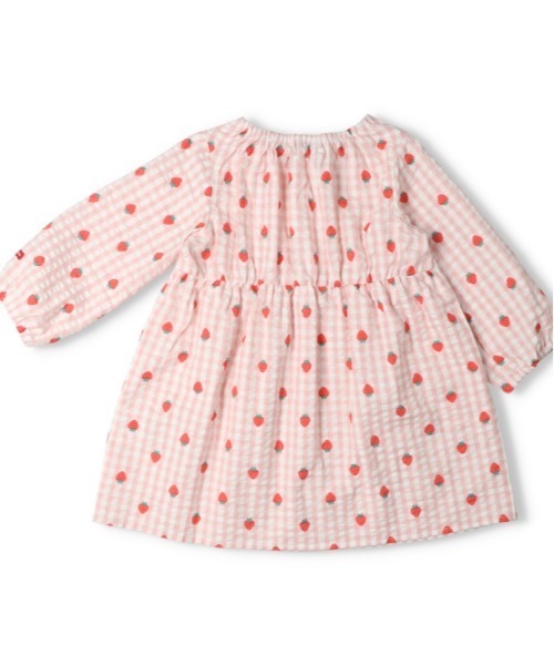 Moujonjon（ムージョンジョン）の「いちご・小花柄ギンガムチェック柄長袖ワンピース（ワンピース・キッズ・ライトピンク/サックスブルー・90/100/110/120/130/140）」の3枚目の写真