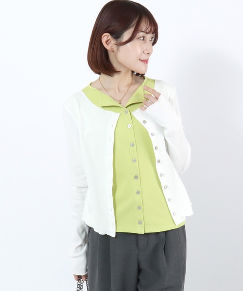 Salong hameu(サロン ハミュー)の「テレコリブ フェイクレイヤード クルーネックカーディガン/配色 メロートップス 韓国カジュアル(カーディガン/ボレロ・レディース・グレイッシュベージュ/ブラック/グレー/オフホワイト・M)」の6枚目の写真