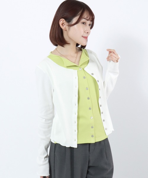 Salong hameu(サロン ハミュー)の「テレコリブ フェイクレイヤード クルーネックカーディガン/配色 メロートップス 韓国カジュアル(カーディガン/ボレロ・レディース・グレイッシュベージュ/ブラック/グレー/オフホワイト・M)」の7枚目の写真