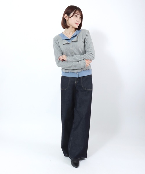 Salong hameu(サロン ハミュー)の「テレコリブ フェイクレイヤード クルーネックカーディガン/配色 メロートップス 韓国カジュアル(カーディガン/ボレロ・レディース・グレイッシュベージュ/ブラック/グレー/オフホワイト・M)」の21枚目の写真