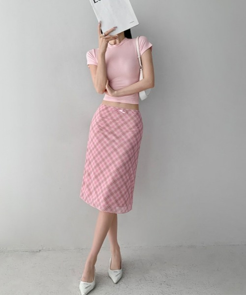 gossip！ロサンゼルス（ゴシップロサンゼルス）の「【Y2Kガーリー】レトロ チェック柄 レースリボン ミディスカート（スカート・レディース・ピンク・FREE）」の16枚目の写真