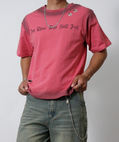 NYLAUS(ナイラス)の「【NYS】アイレット スプレー加工 グランジ 半袖Tシャツ ユニセックス(Tシャツ/カットソー・メンズ・ピンク/カーキ/ブラック/アイボリー・L/M/S)」の4枚目の写真