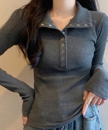 リブTシャツ レディース 長袖 無地 スナップボタン付き スリムフィット カジュアルトップス