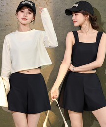 TeddyShop | 【紫外線遮蔽率99.9%以上/UPF50+/大きいサイズ有】長袖クロップド丈ラッシュガードトップス+インパン付きタンキニ 3点セット レディース(水着)