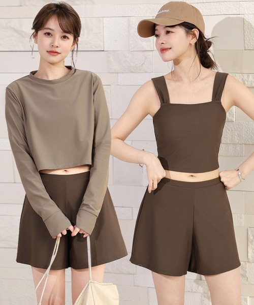 TeddyShop（テディショップ）の「【紫外線遮蔽率99.9%以上/UPF50+/大きいサイズ有】長袖クロップド丈ラッシュガードトップス+インパン付きタンキニ 3点セット レディース（水着・レディース・ブラック×カーキ/ホワイト系その他/グレー系その他・S/LL/L/M）」の3枚目の写真