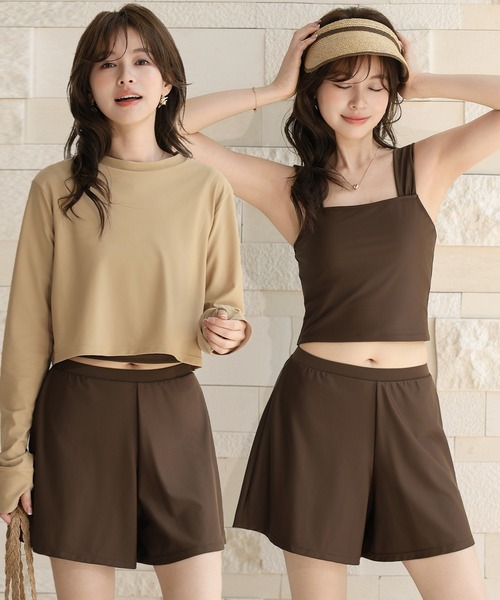 TeddyShop(テディショップ)の「【紫外線遮蔽率99.9%以上/UPF50+/大きいサイズ有】長袖クロップド丈ラッシュガードトップス+インパン付きタンキニ 3点セット レディース(水着・レディース・ブラック×カーキ/ホワイト系その他/グレー系その他/グレイッシュベージュ/ブラック×グレー/ブラック/ベージュ系その他・S/LL/L/M)」の6枚目の写真
