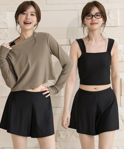 TeddyShop(テディショップ)の「【紫外線遮蔽率99.9%以上/UPF50+/大きいサイズ有】長袖クロップド丈ラッシュガードトップス+インパン付きタンキニ 3点セット レディース(水着・レディース・ブラック×カーキ/ホワイト系その他/グレー系その他/グレイッシュベージュ/ブラック×グレー/ブラック/ベージュ系その他・S/LL/L/M)」の7枚目の写真