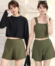 TeddyShop | 【紫外線遮蔽率99.9%以上/UPF50+/大きいサイズ有】長袖クロップド丈ラッシュガードトップス+インパン付きタンキニ 3点セット レディース(水着)