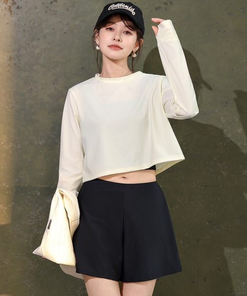 TeddyShop（テディショップ）の「【紫外線遮蔽率99.9%以上/UPF50+/大きいサイズ有】長袖クロップド丈ラッシュガードトップス+インパン付きタンキニ 3点セット レディース（水着・レディース・ブラック×カーキ/ホワイト系その他/グレー系その他・S/LL/L/M）」の10枚目の写真