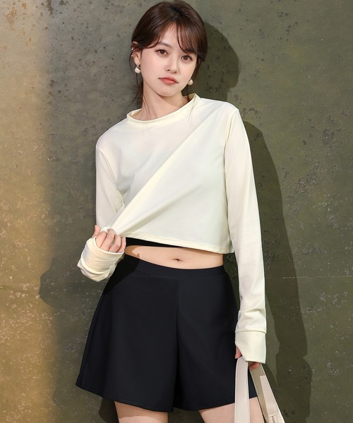 TeddyShop（テディショップ）の「【紫外線遮蔽率99.9%以上/UPF50+/大きいサイズ有】長袖クロップド丈ラッシュガードトップス+インパン付きタンキニ 3点セット レディース（水着・レディース・ブラック×カーキ/ホワイト系その他/グレー系その他・S/LL/L/M）」の8枚目の写真