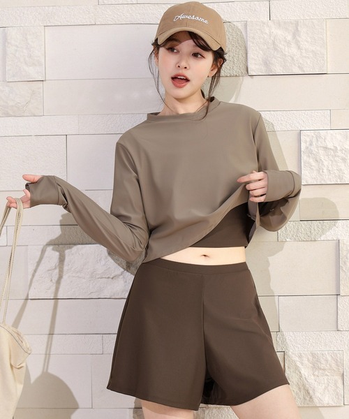 TeddyShop（テディショップ）の「【紫外線遮蔽率99.9%以上/UPF50+/大きいサイズ有】長袖クロップド丈ラッシュガードトップス+インパン付きタンキニ 3点セット レディース（水着・レディース・ブラック×カーキ/ホワイト系その他/グレー系その他・S/LL/L/M）」の18枚目の写真