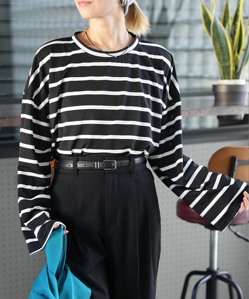Kotoe(コトエ)の「【速乾】ビッグシルエット ルーズボーダーロンT(Tシャツ/カットソー・レディース・ブラック/ホワイト・FREE)」の1枚目の写真