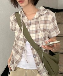 コンパクトチェック柄フーディトップス