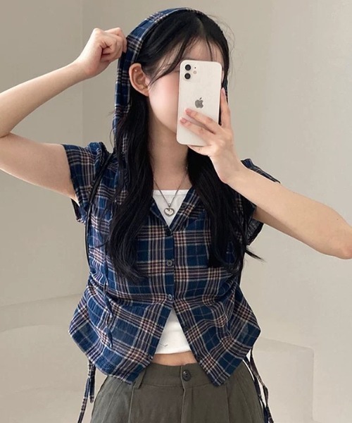 Vipoa(ヴィポア)の「コンパクトチェック柄フーディトップス(シャツ/ブラウス・レディース・アイボリー/グリーン/ネイビー・FREE)」の8枚目の写真