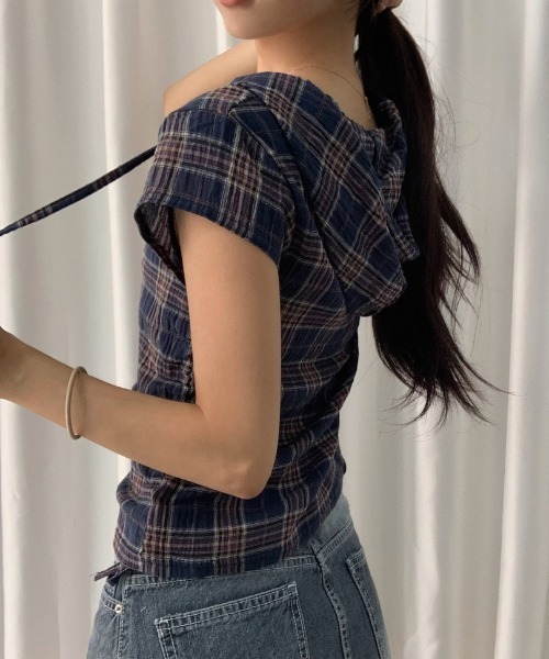 Vipoa(ヴィポア)の「コンパクトチェック柄フーディトップス(シャツ/ブラウス・レディース・アイボリー/グリーン/ネイビー・FREE)」の14枚目の写真