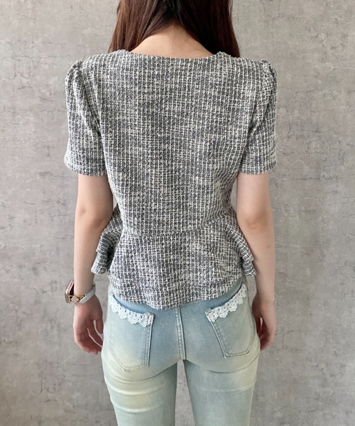 Mejoul（メジュール）の「サマーツイード パールボタンペプラム Ⅴネック半袖ジャケット（ノーカラージャケット・レディース・ブラック/ホワイト・F）」の21枚目の写真
