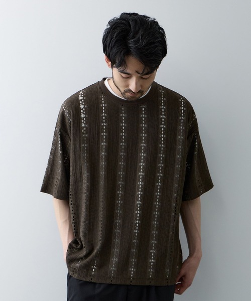 URBAN COLLECTION(アーバンコレクション)の「URBAN COLECTION オーバーサイズ透かし編みアンサンブル(Tシャツ/カットソー・メンズ・ブラウン/オフホワイト/ブラック・L/XL/S/M)」の3枚目の写真