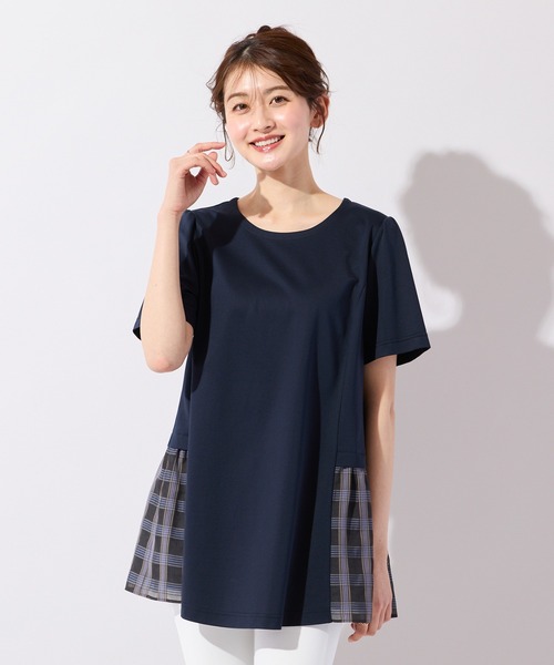 Rose Tiara(ローズティアラ)の「バックリボンチェック切替ポンチカットソー(Tシャツ/カットソー・レディース・ブラウン/ネイビー・38/42/46)」の2枚目の写真