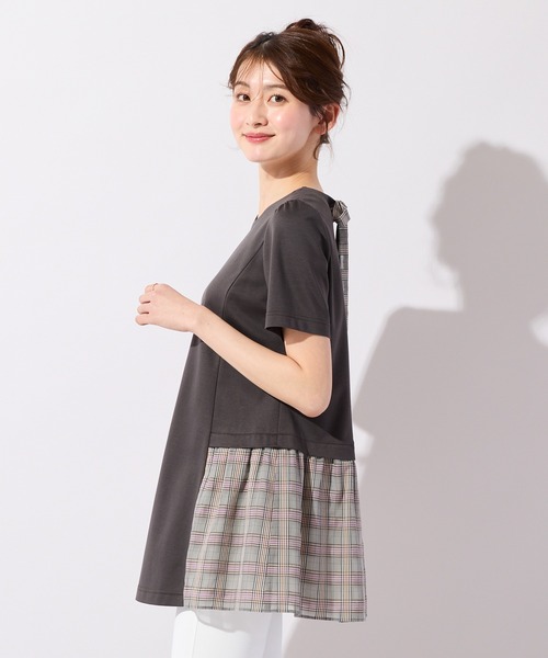 Rose Tiara(ローズティアラ)の「バックリボンチェック切替ポンチカットソー(Tシャツ/カットソー・レディース・ブラウン/ネイビー・38/42/46)」の1枚目の写真