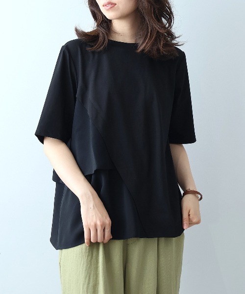 leswel(レスウェル)の「【M~5L】シルケット天竺フリル切替カットソー(Tシャツ/カットソー・レディース・ブラック/グレー/カーキ・LL/3L/4L/5L/M/L)」の1枚目の写真