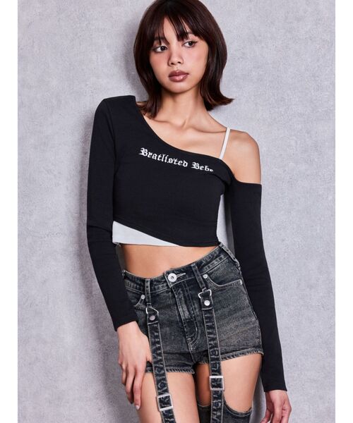 GYDA(ジェイダ)の「Bratlisted Bebeワンショルデザイントップス(Tシャツ/カットソー・レディース・グレー/ブラック/オフホワイト・FREE)」の5枚目の写真