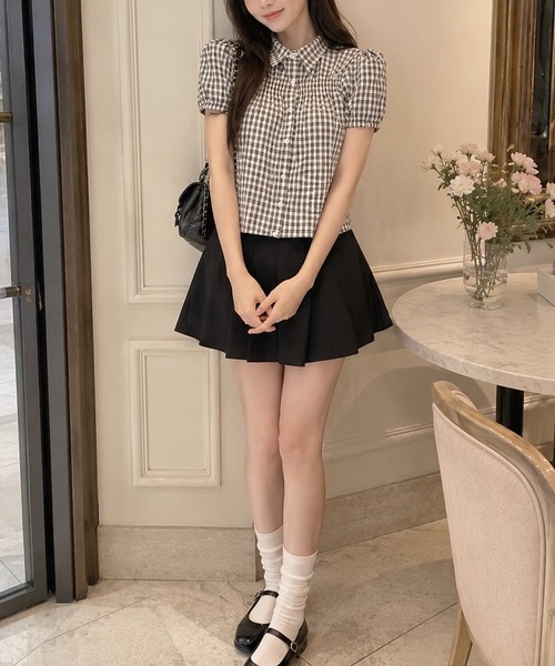 Nia(ニア)の「Nia(ニア)/チェックシャーリングパワショルブラウス(シャツ/ブラウス・レディース・ネイビー/ホワイト・FREE)」の2枚目の写真