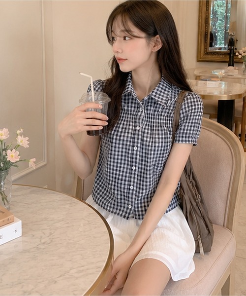 Nia(ニア)の「Nia(ニア)/チェックシャーリングパワショルブラウス(シャツ/ブラウス・レディース・ネイビー/ホワイト・FREE)」の7枚目の写真