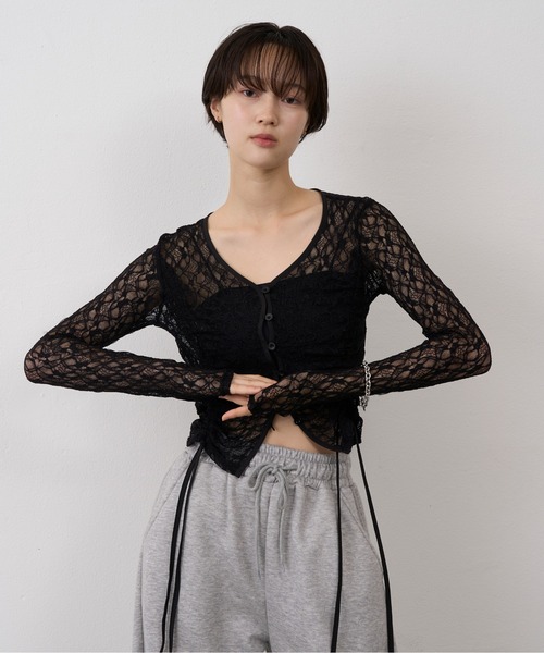 NUJOH(ヌゾ)の「Shirring Lace Sheer Cardigan/シャーリングレースシアーカーディガン(カーディガン/ボレロ・レディース・ホワイト/ブラック・FREE)」の1枚目の写真