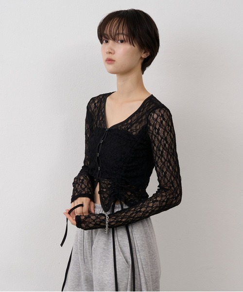 NUJOH(ヌゾ)の「Shirring Lace Sheer Cardigan/シャーリングレースシアーカーディガン(カーディガン/ボレロ・レディース・ホワイト/ブラック・FREE)」の18枚目の写真