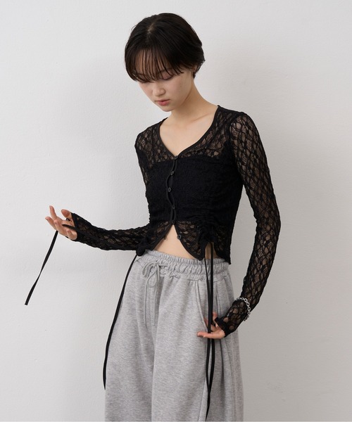 NUJOH(ヌゾ)の「Shirring Lace Sheer Cardigan/シャーリングレースシアーカーディガン(カーディガン/ボレロ・レディース・ホワイト/ブラック・FREE)」の17枚目の写真