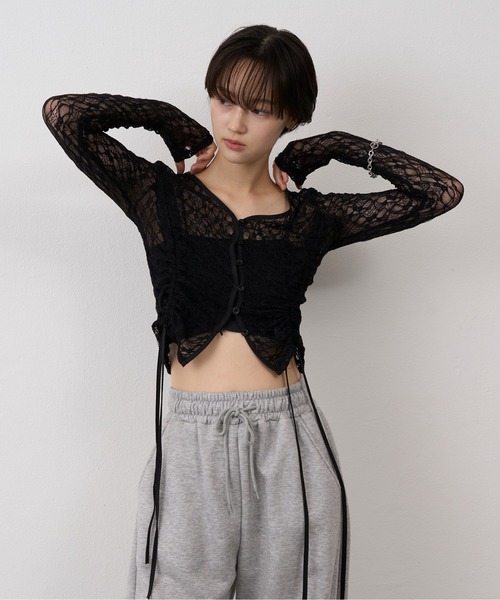 NUJOH(ヌゾ)の「Shirring Lace Sheer Cardigan/シャーリングレースシアーカーディガン(カーディガン/ボレロ・レディース・ホワイト/ブラック・FREE)」の19枚目の写真