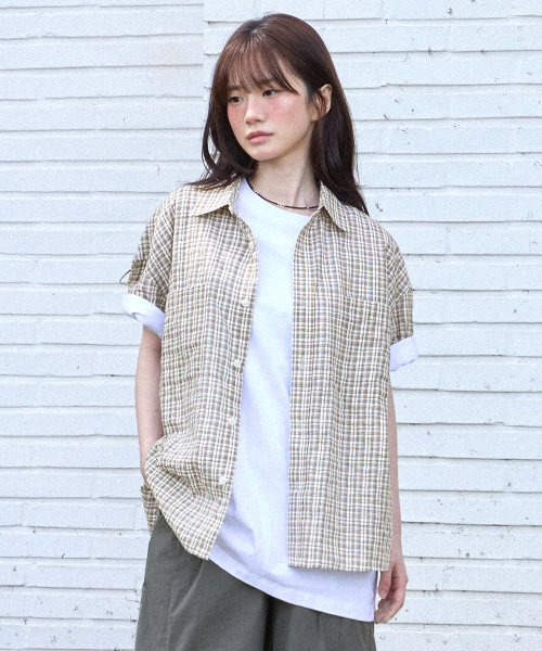 F.ILLUMINATE(フィルミネイト)の「セミクロップリンクルチェックハーフシャツ-ブラウン(シャツ/ブラウス・レディース・その他・LARGE/SMALL/MEDIUM)」の3枚目の写真