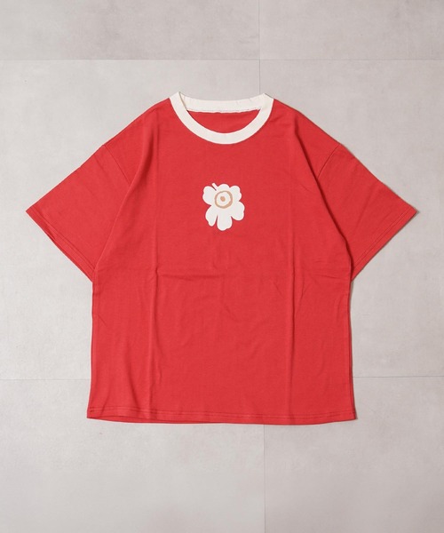 1111clothing(ワンフォークロージング)の「リンガーネック フラワーTシャツ / Ringer Neck Flower T-shirt(Tシャツ/カットソー・レディース・チャコールグレー/レッド・FREE)」の17枚目の写真