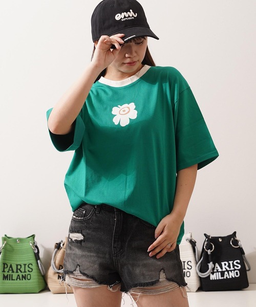 1111clothing(ワンフォークロージング)の「リンガーネック フラワーTシャツ / Ringer Neck Flower T-shirt(Tシャツ/カットソー・レディース・チャコールグレー/レッド・FREE)」の4枚目の写真