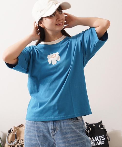 1111clothing(ワンフォークロージング)の「リンガーネック フラワーTシャツ / Ringer Neck Flower T-shirt(Tシャツ/カットソー・レディース・チャコールグレー/レッド・FREE)」の11枚目の写真