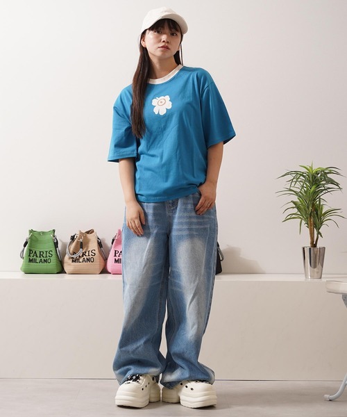 1111clothing(ワンフォークロージング)の「リンガーネック フラワーTシャツ / Ringer Neck Flower T-shirt(Tシャツ/カットソー・レディース・チャコールグレー/レッド・FREE)」の12枚目の写真