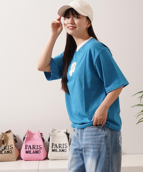1111clothing(ワンフォークロージング)の「リンガーネック フラワーTシャツ / Ringer Neck Flower T-shirt(Tシャツ/カットソー・レディース・チャコールグレー/レッド・FREE)」の13枚目の写真