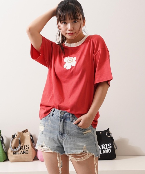 1111clothing(ワンフォークロージング)の「リンガーネック フラワーTシャツ / Ringer Neck Flower T-shirt(Tシャツ/カットソー・レディース・チャコールグレー/レッド・FREE)」の19枚目の写真