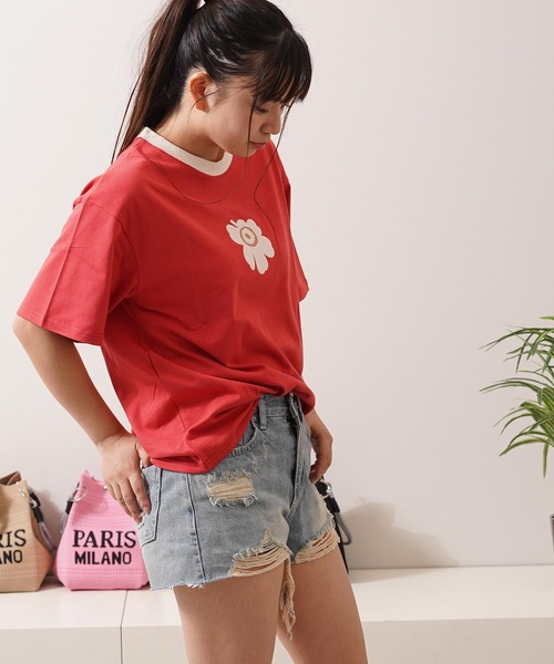 1111clothing(ワンフォークロージング)の「リンガーネック フラワーTシャツ / Ringer Neck Flower T-shirt(Tシャツ/カットソー・レディース・チャコールグレー/レッド・FREE)」の21枚目の写真