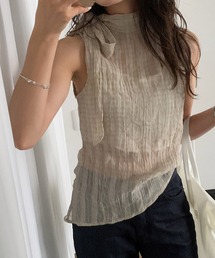 チェック柄ノースリーブリボンタイ付きブラウス