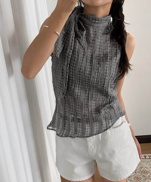 Girly Doll(ガーリードール)の「チェック柄ノースリーブリボンタイ付きブラウス(シャツ/ブラウス・レディース・グレー/ベージュ・FREE)」の10枚目の写真
