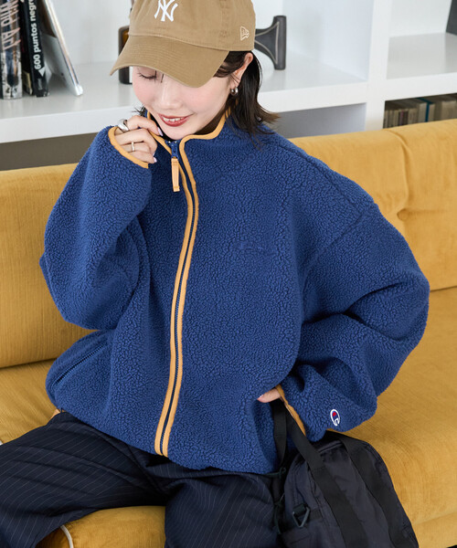 FREAK'S STORE（フリークスストア）の「限定展開 Champion × FREAK'S STORE/チャンピオン 別注 配色 ボアフリース パイピング ジャケット（その他アウター・レディース・ブラック/ネイビー/オフホワイト/ブラウン・ﾌﾘ-）」の10枚目の写真