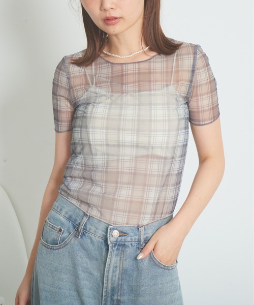 mul.(ムル)の「半袖チェック柄カットソー(Tシャツ/カットソー・レディース・ベージュ/ブルー・FREE)」の2枚目の写真
