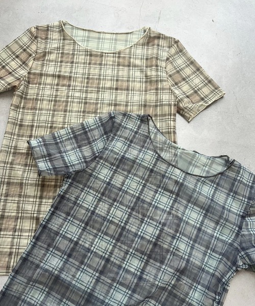 mul.(ムル)の「半袖チェック柄カットソー(Tシャツ/カットソー・レディース・ベージュ/ブルー・FREE)」の5枚目の写真