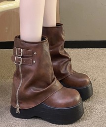 【秋冬新作】ダブルベルトサイドジップ厚底ミドルブーツ