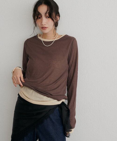 DISCOAT（ディスコート）の「レイヤードシアーパックTシャツ《WEB限定カラーあり》（Tシャツ/カットソー・レディース・グレー系その他/オレンジ/ブラック系その他3/ホワイト/ブラック系その他2/グレー系その他2/オフホワイト/ブラック系その他/ブラウン系その他/ブラウン/グレー/ピンク/ホワイト系その他/パープル/ライム/ブラウン系その他2/バイオレット/ブラウン系その他3・FREE）」の11枚目の写真