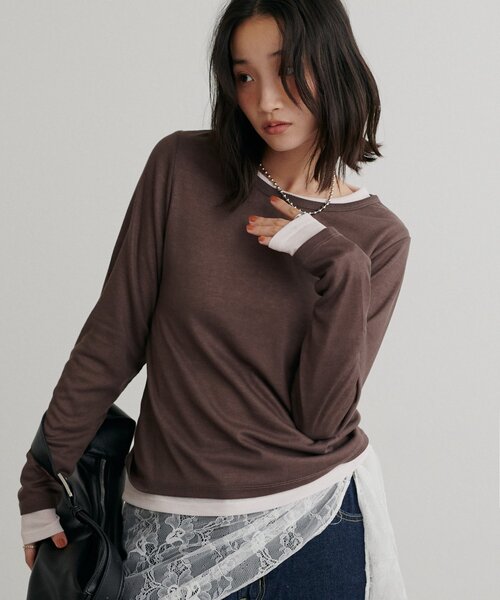 DISCOAT（ディスコート）の「レイヤードシアーパックTシャツ《WEB限定カラーあり》（Tシャツ/カットソー・レディース・グレー系その他/オレンジ/ブラック系その他3/ホワイト/ブラック系その他2/グレー系その他2/オフホワイト/ブラック系その他/ブラウン系その他/ブラウン/グレー/ピンク/ホワイト系その他/パープル/ライム/ブラウン系その他2/バイオレット/ブラウン系その他3・FREE）」の10枚目の写真